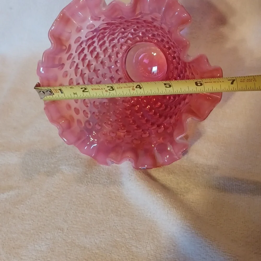 Fenton Pink Hobnail Glass Basket Opalecent Ruffled Cranberry Bowl Vase